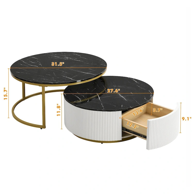 Table basse ronde moderne (avec tiroirs et finition à rayures verticales)