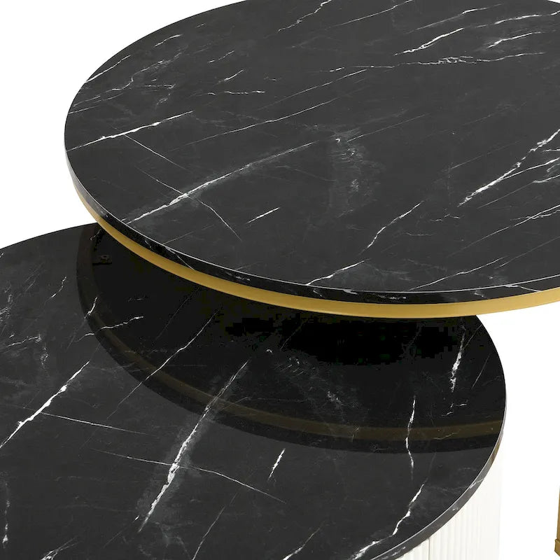 Table basse ronde moderne (avec tiroirs et finition à rayures verticales)