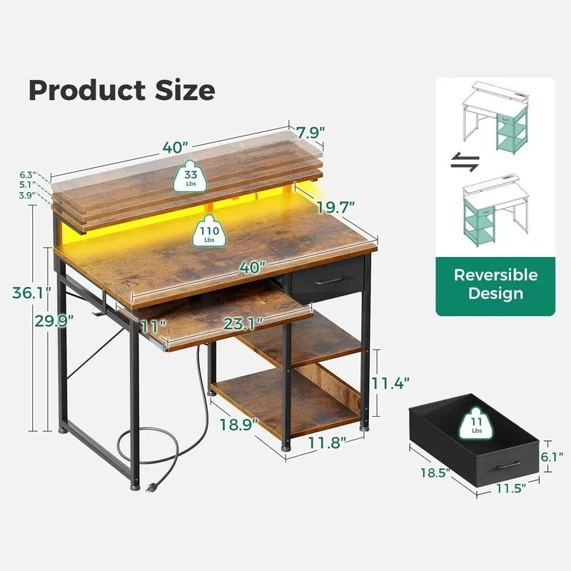 Bureau de 101,6 cm avec prises de courant