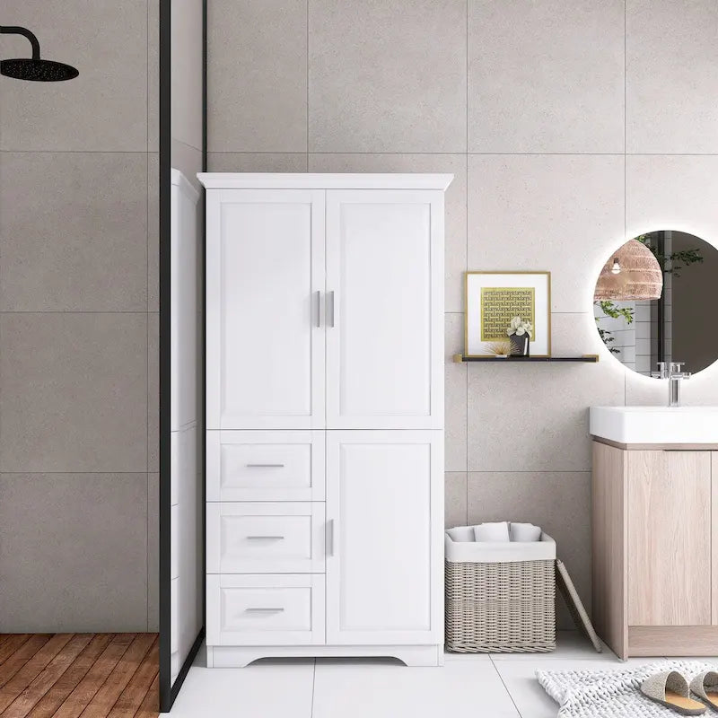Armoire de rangement pour salle de bain de 32 po L x 72 po H avec portes et trois tiroirs