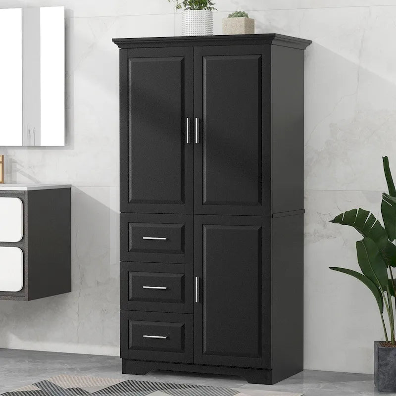 Armoire de rangement pour salle de bain de 32 po L x 72 po H avec portes et trois tiroirs