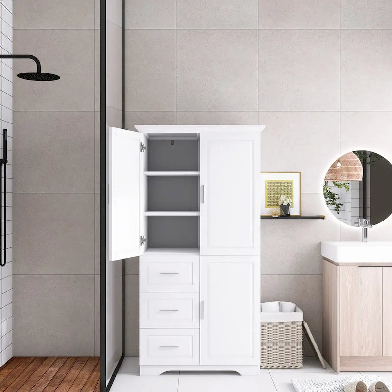 Armoire de rangement pour salle de bain de 32 po L x 72 po H avec portes et trois tiroirs