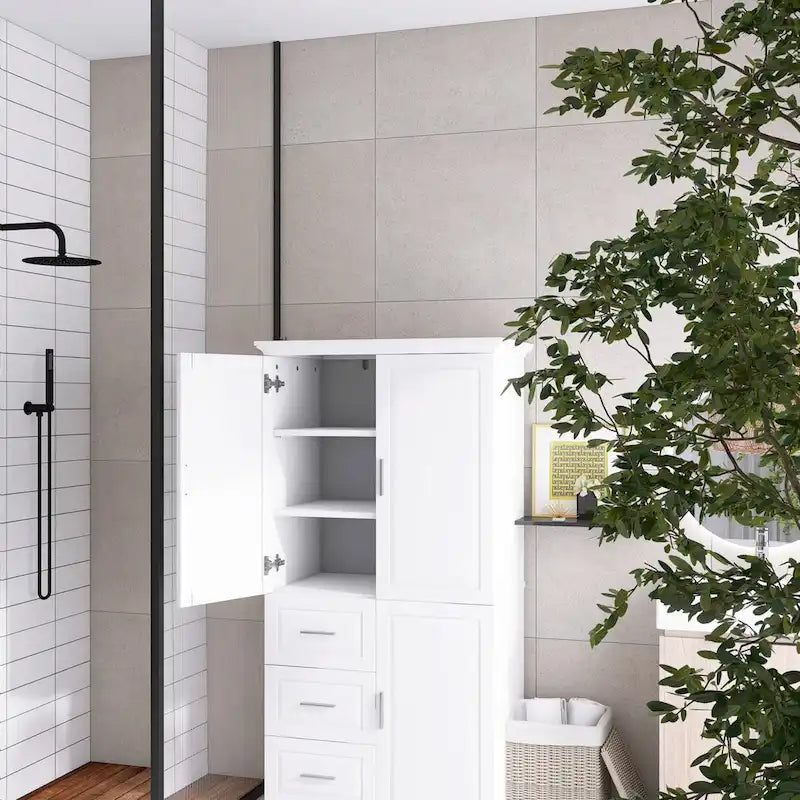 Armoire de rangement pour salle de bain de 32 po L x 72 po H avec portes et trois tiroirs