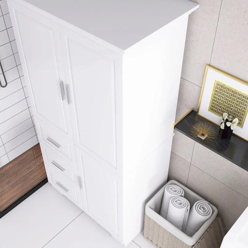 Armoire de rangement pour salle de bain de 32 po L x 72 po H avec portes et trois tiroirs