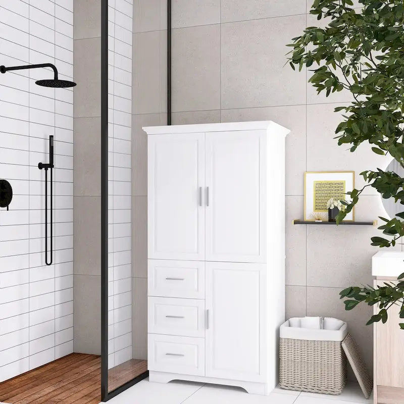 Armoire de rangement pour salle de bain de 32 po L x 72 po H avec portes et trois tiroirs