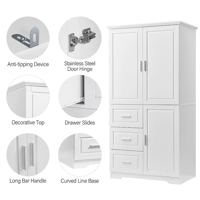 Armoire de rangement pour salle de bain de 32 po L x 72 po H avec portes et trois tiroirs