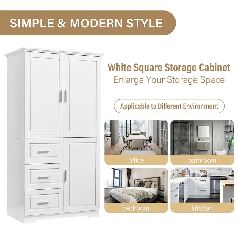 Armoire de rangement pour salle de bain de 32 po L x 72 po H avec portes et trois tiroirs