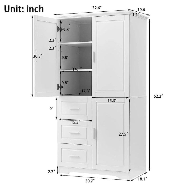 Armoire de rangement pour salle de bain de 32 po L x 72 po H avec portes et trois tiroirs