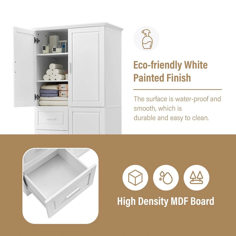 Armoire de rangement pour salle de bain de 32 po L x 72 po H avec portes et trois tiroirs