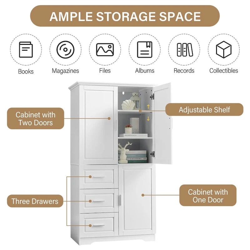 Armoire de rangement pour salle de bain de 32 po L x 72 po H avec portes et trois tiroirs