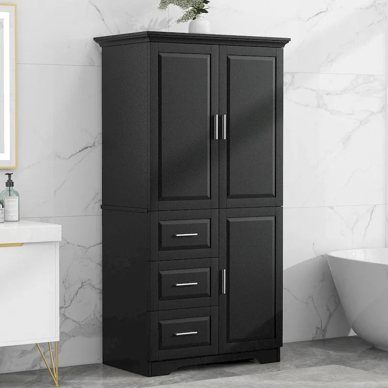 Armoire de rangement pour salle de bain de 32 po L x 72 po H avec portes et trois tiroirs