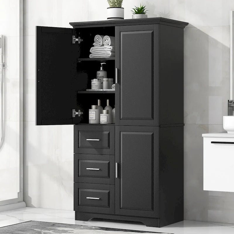 Armoire de rangement pour salle de bain de 32 po L x 72 po H avec portes et trois tiroirs