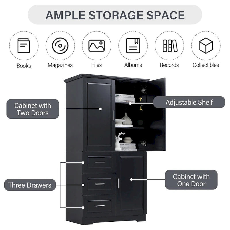 Armoire de rangement pour salle de bain de 32 po L x 72 po H avec portes et trois tiroirs