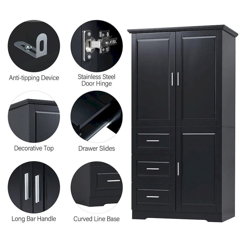 Armoire de rangement pour salle de bain de 32 po L x 72 po H avec portes et trois tiroirs