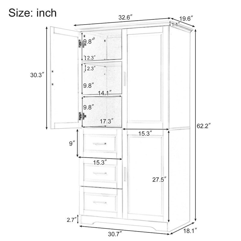 Armoire de rangement pour salle de bain de 32 po L x 72 po H avec portes et trois tiroirs
