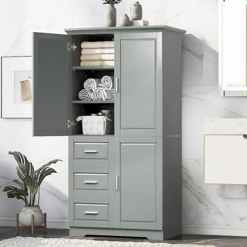 Armoire de rangement pour salle de bain de 32 po L x 72 po H avec portes et trois tiroirs