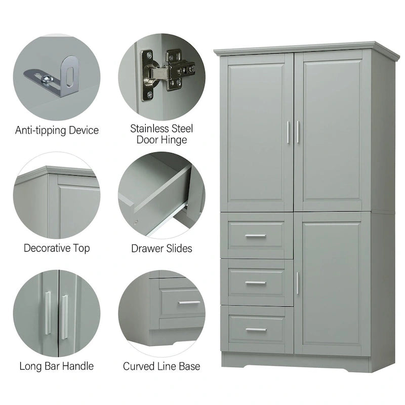 Armoire de rangement pour salle de bain de 32 po L x 72 po H avec portes et trois tiroirs
