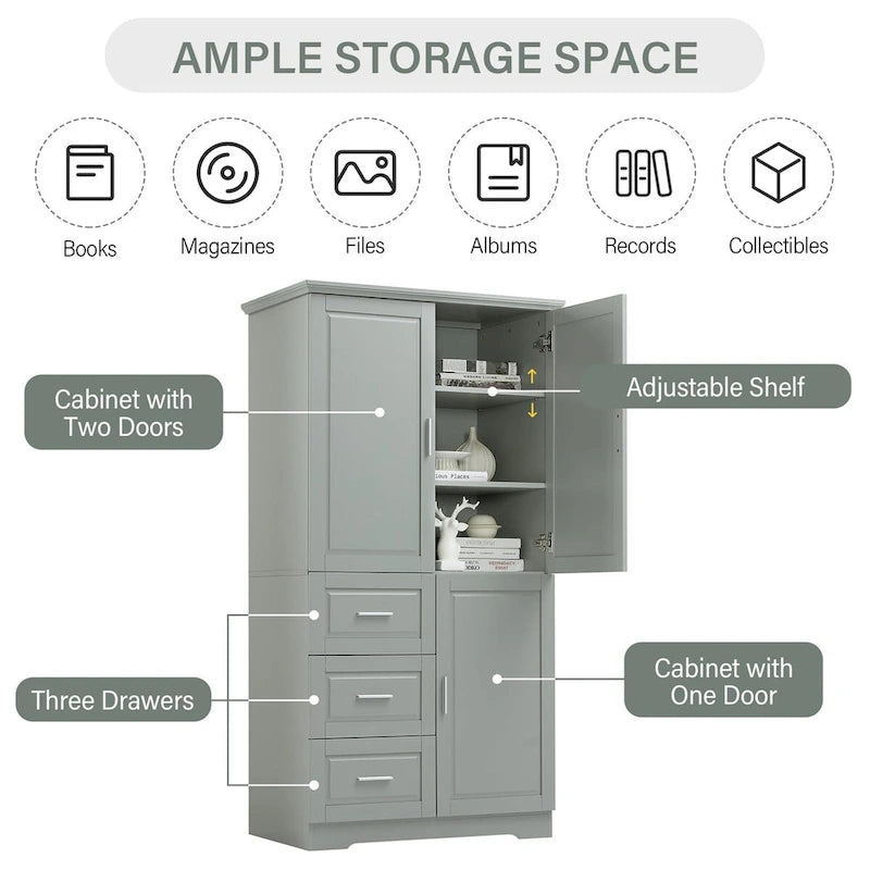 Armoire de rangement pour salle de bain de 32 po L x 72 po H avec portes et trois tiroirs