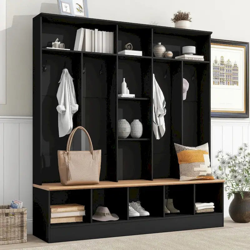 Meuble d'entrée large avec banc de rangement - Meuble à chaussures minimaliste, rangements cubiques, 8 crochets