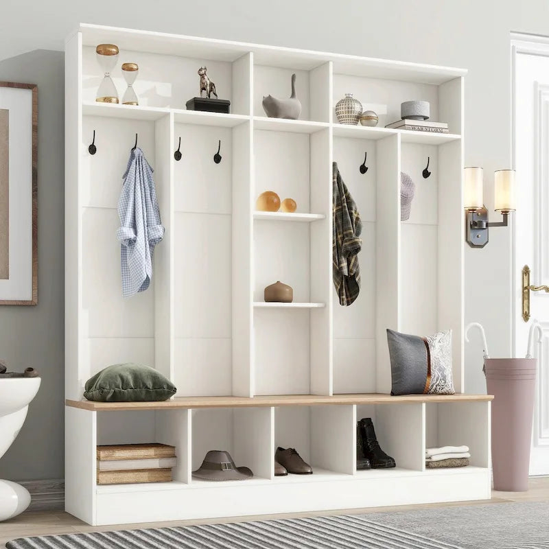 Meuble d'entrée large avec banc de rangement - Meuble à chaussures minimaliste, rangements cubiques, 8 crochets