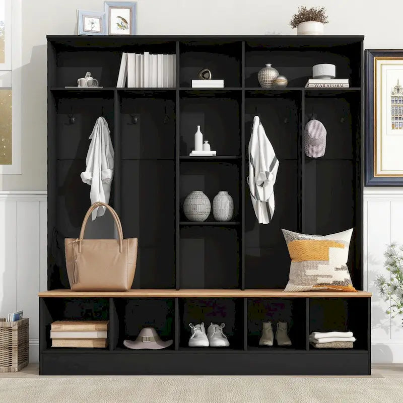 Meuble d'entrée large avec banc de rangement - Meuble à chaussures minimaliste, rangements cubiques, 8 crochets