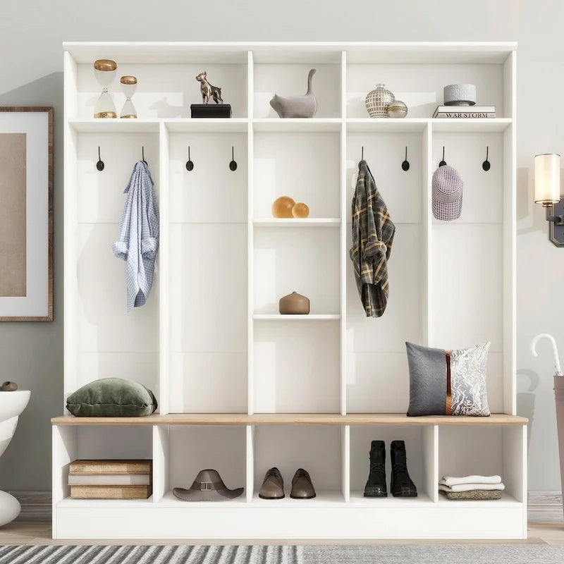 Meuble d'entrée large avec banc de rangement - Meuble à chaussures minimaliste, rangements cubiques, 8 crochets