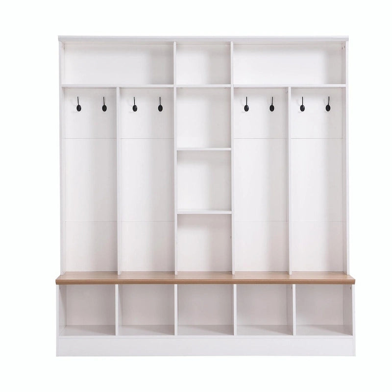 Meuble d'entrée large avec banc de rangement - Meuble à chaussures minimaliste, rangements cubiques, 8 crochets