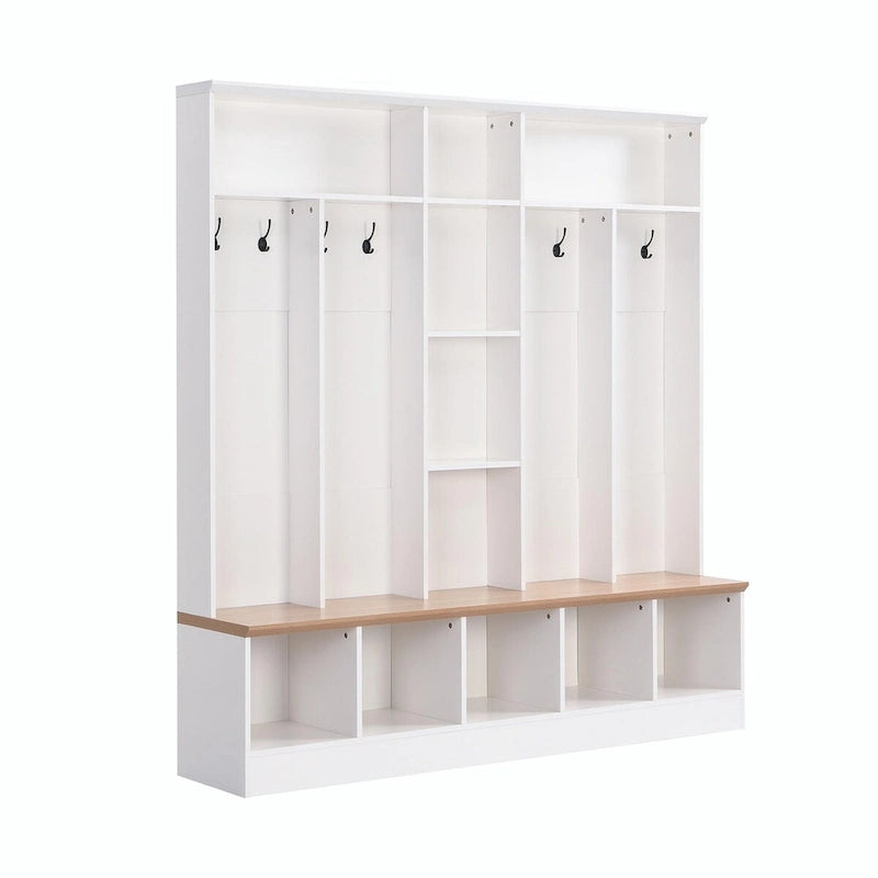 Meuble d'entrée large avec banc de rangement - Meuble à chaussures minimaliste, rangements cubiques, 8 crochets