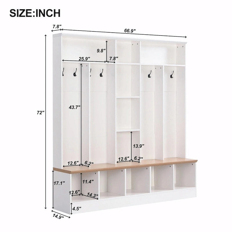 Meuble d'entrée large avec banc de rangement - Meuble à chaussures minimaliste, rangements cubiques, 8 crochets