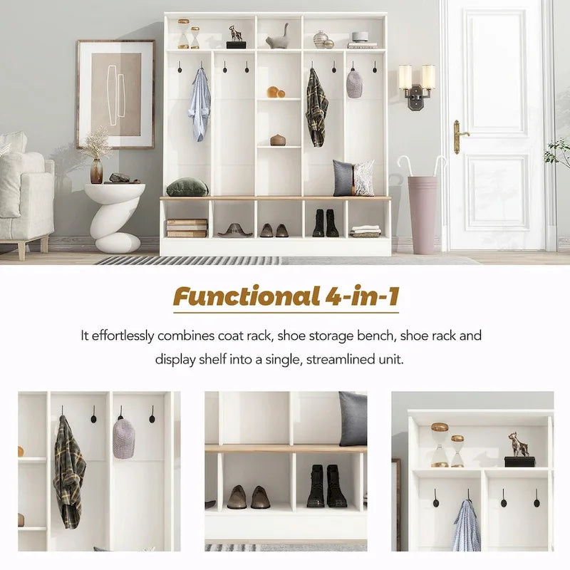 Meuble d'entrée large avec banc de rangement - Meuble à chaussures minimaliste, rangements cubiques, 8 crochets