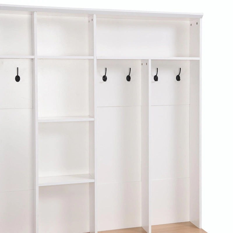 Meuble d'entrée large avec banc de rangement - Meuble à chaussures minimaliste, rangements cubiques, 8 crochets