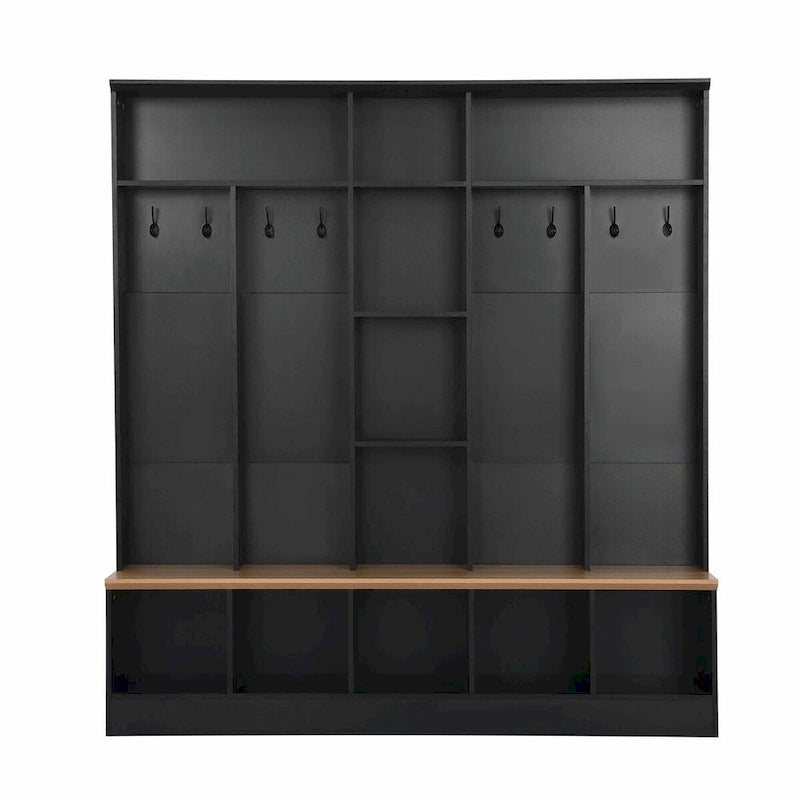 Meuble d'entrée large avec banc de rangement - Meuble à chaussures minimaliste, rangements cubiques, 8 crochets