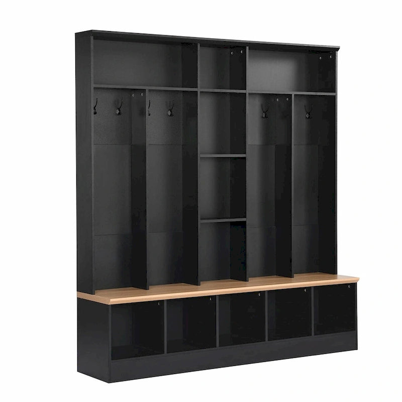 Meuble d'entrée large avec banc de rangement - Meuble à chaussures minimaliste, rangements cubiques, 8 crochets