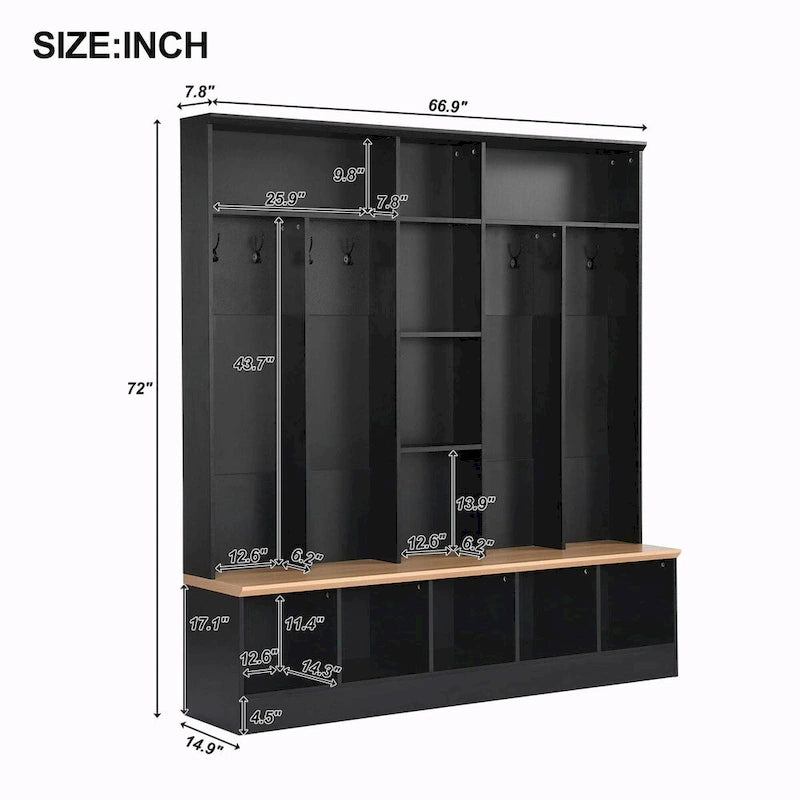 Meuble d'entrée large avec banc de rangement - Meuble à chaussures minimaliste, rangements cubiques, 8 crochets