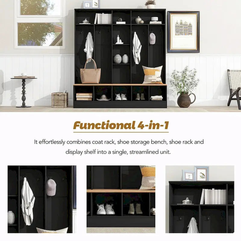 Meuble d'entrée large avec banc de rangement - Meuble à chaussures minimaliste, rangements cubiques, 8 crochets